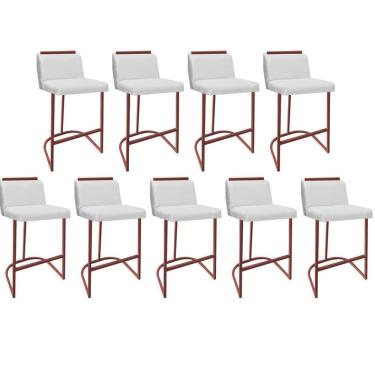 Imagem de Kit 09 Banquetas Com Encosto Confort Bistrô Cozinha Ferro Bronze Sintético Branco Amey Decor