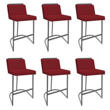 Imagem de Kit 06 Banquetas Com Encosto Confort Bistrô Cozinha Ferro Cinza Suede Vermelho Amey Decor