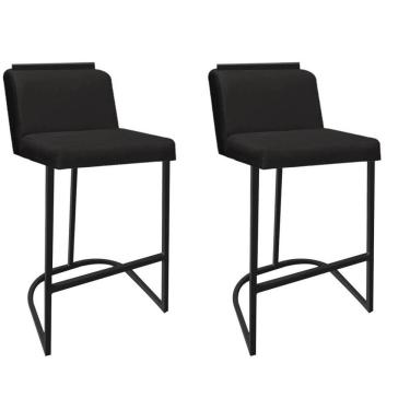 Imagem de Kit 02 Banquetas Com Encosto Nynna Luxo Confort Bistrô Cozinha Ferro Preto Suede Preto - Amey Decor