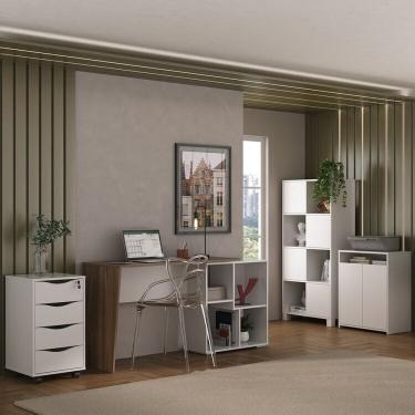 Imagem de Kit 4 Peças Com Escrivaninha Moderna Gaveteiro Bit Armário Com Nichos E Balcão Multiuso 2 Portas Ipê Branco