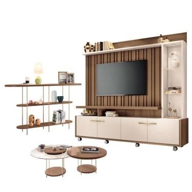 Imagem de Estante Home Theater Titan Off White Castanho E Aparador Infinity E Kit Mesa De Centro...