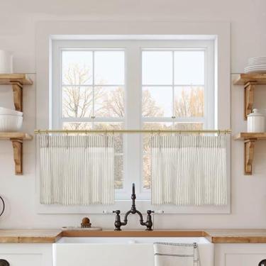 Imagem de Cortinas de 38 cm de comprimento, cortinas de janela pequenas transparentes de linho listrado café para cozinha, banheiro, 61 x 38 cm de comprimento, conjunto de 2 painéis