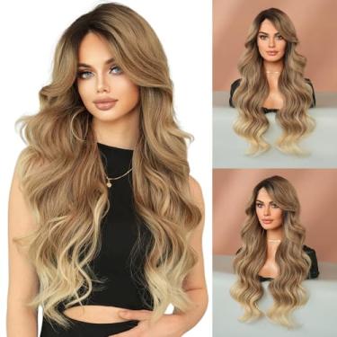 Imagem de 7JHH WIGS Perucas Onduladas Com Renda Frontal 13*4 Pol., Marrom, Loiro, Ombré, Parte Lateral, Para Mulheres, Densidade 160, Transparente, Sem Cola, Cabelo Sintético, Peruca Longa E Cacheada