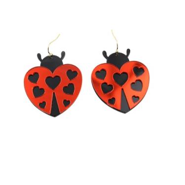 Imagem de DIAMANTIO Brincos pendentes de coração de joaninha banhados a ouro 18K – Brincos de gota de acrílico vermelho e preto para mulheres, joias leves de 5,5 cm, 12,5 g