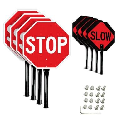 Imagem de GicnKeuz Sinal Stop Slow com alça de metal, 33 x 33 cm, placa de sinalização lenta/parada dupla face, sinal de alumínio refletor de tráfego, resistente ao desbotamento/à prova d'água, fácil de montar