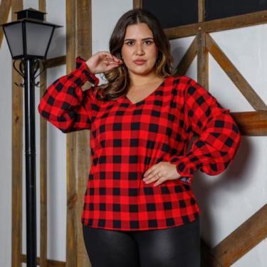 Imagem de Blusa Xadrez Feminina Manga Longa Com Punho Plus Size - Rosana Farcait