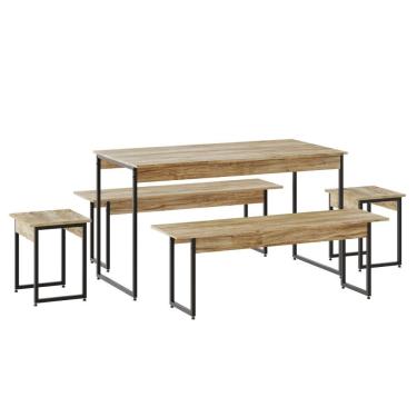 Imagem de Mesa De Jantar Com 2 Bancos E 2 Banquetas Industrial Tub Carvalho / Est.preta