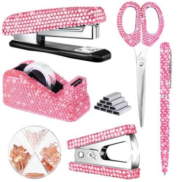 Imagem de Conjunto de 6 peças de acessórios de mesa de escritório Bling Kit de papelaria escolar de cristal grampeador com grampeador, dispensador de fita, caneta de diamante, removedor de grampos, clipe de fichário, clipe de papel, pinos de pressão para mulheres (rosa)