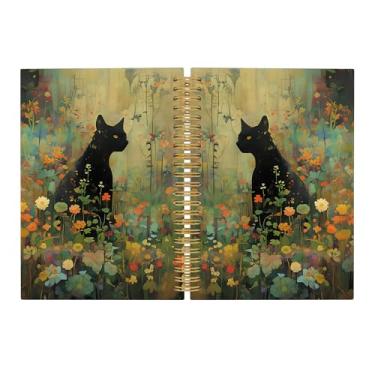 Imagem de Pugwak Caderno vintage de gato preto - Caderno floral retrô Cottagecore pautado para escola de trabalho, presentes para mulheres que amam gatos, material de escritório, caderno espiral de capa dura 14