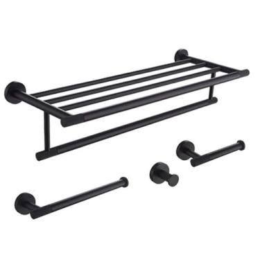 Imagem de Conjunto de banheiro de parede em aço inoxidável preto fosco com toalha, escova de vaso sanitário, saboneteira e gancho para roupão, acessórios de decoração (conjunto de 4 peças A)