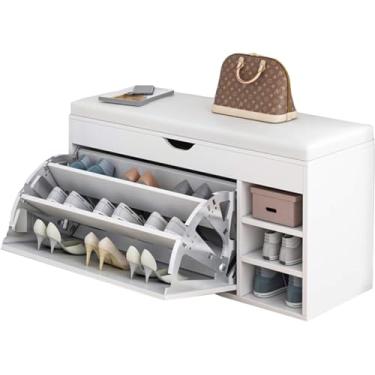 Imagem de Banco De Sapatos Com Divisória Flip Sapateira Com Gaveta De Almofada Prateleira De Armazenamento Oculto Armário De Sapatos Sala De Estar Corredor Quarto, White, 80X34X50CM