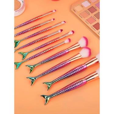 Imagem de Kit 10 Pincéis Sereia para Maquiagem, Design Arco-Íris, Cerdas Macias Sintéticas, Diversos Tamanhos para Rosto, Olhos e Lábios, Vegano