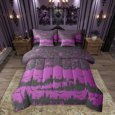 Imagem de Erosebridal Jogo de cama de solteiro, 7 peças, castelo de teia de aranha, morcegos góticos, tema de terror gótico, roxo, preto, animais selvagens, pássaros, conjunto de lençol com edredom