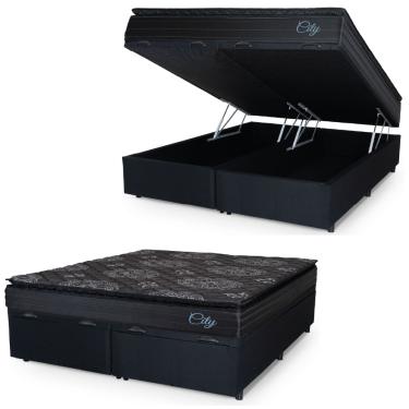 Imagem de Cama Box Baú Casal King Colchão Com Molas Ensacadas City Pillow Top 193x203x64cm Preto Hellen