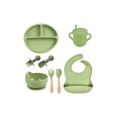 Imagem de Kit Introdução Alimentar Bebe 8 Peças Silicone Iniciação Para Alimentos Livre de BPA Atóxico Antibacteriano Seguro Sem Pontas Colher, garfo, copinho, pote e pratinho Criança 6 meses (Rosa)