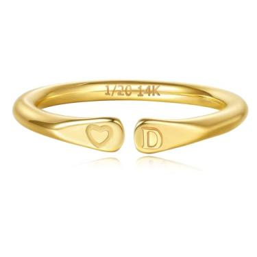 Imagem de YIKOXI Anéis femininos preenchidos a ouro 14 k com inicial esculpida à mão e não mancham alianças em formato de coração para mulheres, Aço inoxidável, Sem pedra preciosa