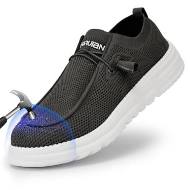 Imagem de Furuian Sapatos masculinos sem cadarço com bico de aço para segurança, mocassins, confortáveis, sem fecho, para trabalho, leves, calçados de segurança no trabalho, Cinza escuro, 41