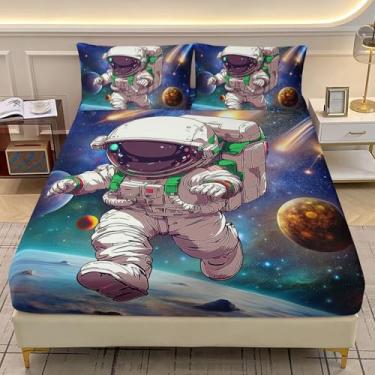 Imagem de AILONEN Jogo de lençol solteiro com desenho animado de astronauta, galáxia, planetas galáxia, tema espacial, astronauta fofo, lençol com elástico com 2 fronhas, 3 peças