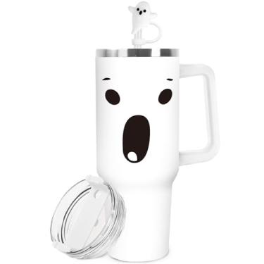 Imagem de Whaline 1 copo de Halloween com tampa de palha, tampa de palha, 1,134 g, branco fantasma assustador, copo de viagem de aço inoxidável para lembrancinha de festa de café gelado