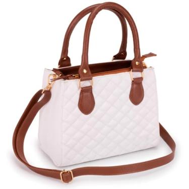 Imagem de Bolsa Feminina Matelassê, Alça Transversal, Couro Legítimo Branco e Marrom, Detalhes Dourados