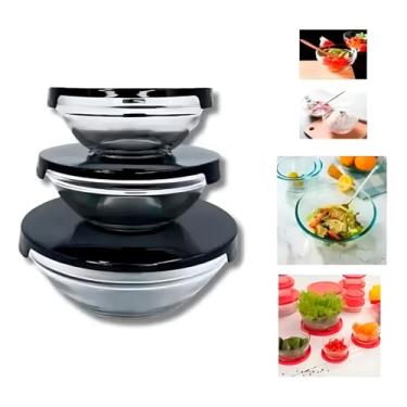Imagem de Kit 3 Potes Tigelas Vidro Redondo com Tampa Preta Conjunto de Tigela Redondo