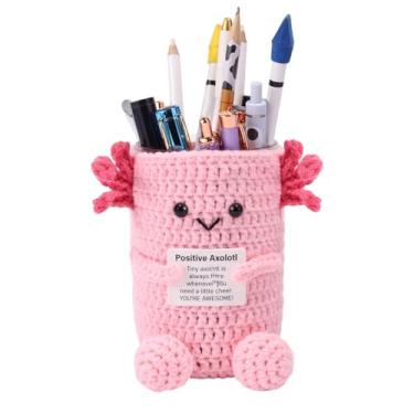 Imagem de Porta Canetas Axolote Crochê, Porta Animais Positivos com Cartão de Incentivo Materiais de Volta Às Aulas para Aumentar a Motivação Alunos e Organizar a Mesa (Rosa)