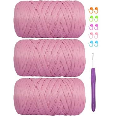 Imagem de Camiseta de 400 g de tecido elástico de crochê para tricô DIY, fio de crochê grosso espaguete para mão, bolsa faça você mesmo, cesta de almofada, projetos de crochê, decoração de casa (rosa camarão)