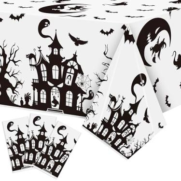 Imagem de BkeeCten Capa de mesa Halloween Haunted House – Pacote com 3 capas de plástico retangulares descartáveis à prova d'água de 218 x 129 cm, estampa gótica assustadora para festas de Halloween