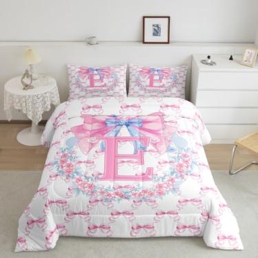 Imagem de jejeloiu Conjunto de cama feminino com laço rosa, macio para meninos e meninas, conjunto de edredom com laço azul, tamanho solteiro, fofo, flor, edredom estilo princesa, 2 peças com 1 fronha