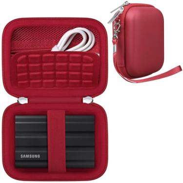 Imagem de RAIALL Capa rígida para Samsung T7 Shield/Samsung T7/Touch SSD portátil 1TB 2TB 4TB, bolsa de viagem para armazenamento de disco rígido externo, bolso de malha para acessórios de cabo USB, vermelho