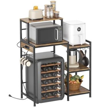 Imagem de Mini armário de geladeira com prateleiras de armazenamento, suporte de micro-ondas com tomada elétrica, armário de cafeteria com espaço para mini geladeira, prateleira de armazenamento para casa