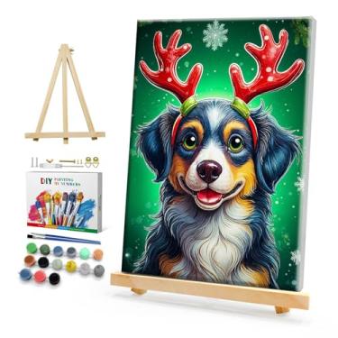 Imagem de HeeBenor Kit de pintura de Natal emoldurada por números para adultos iniciantes, pintura de cachorro por número com cavalete, kits de pintura de Natal para adultos DIY por números em tela emoldurada