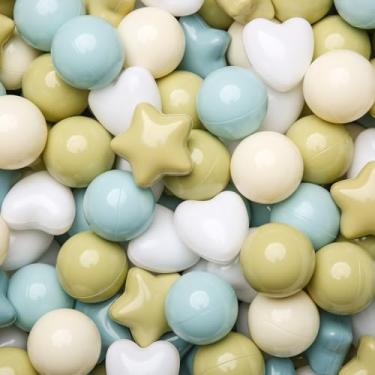 Imagem de GOGOSO Bolas de plástico para poços de bolas, formato de coração de estrelas para crianças pequenas, estrelas e corações, azul cremoso + verde + branco, 200 peças
