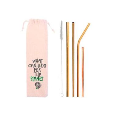 Imagem de Kit 6 em 1 4 canudos de inox shake 8mm Escova Ecobag What Sustentável 