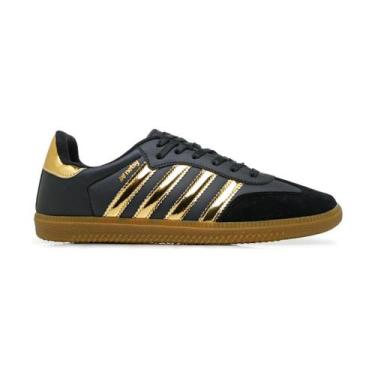 Imagem de Tênis Netsy Casual Classico Estilo Samb Feminino Preto Branco Dourado,