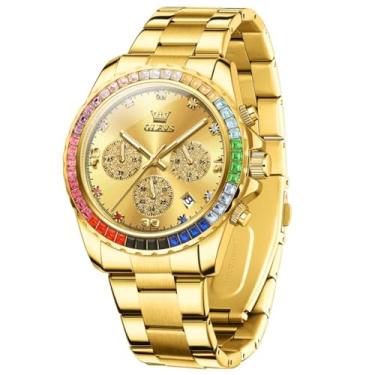 Imagem de OLEVS Relógio de pulso masculino esqueleto para negócios, aço inoxidável, à prova d'água, luminoso, 2939: mostrador dourado com pulseira dourada