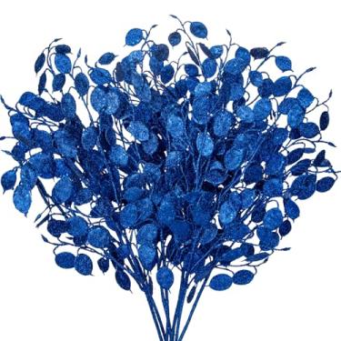 Imagem de 8 palhetas e sprays de árvore de Natal azul marinho com glitter, 68 cm, folhas de eucalipto com glitter para árvore de Natal, galhos, grinaldas, centros de mesa, decorações de férias