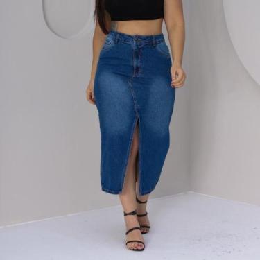 Imagem de Saia midi jeans preta cintura alta com fenda na frente com Bolso Premi