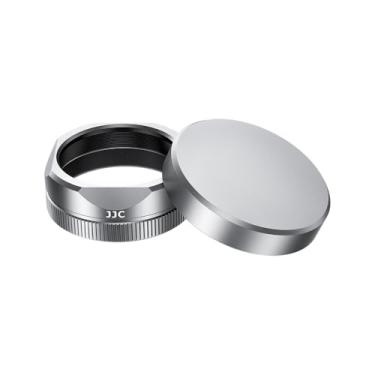 Imagem de JJC Para-sol de lente quadrada de metal com tampa de lente para câmera compacta Fuji Fujifilm X Half XHalm, X meia capa protetora para lente com protetor de tampa, antiarranhões, antiperda, cor prata