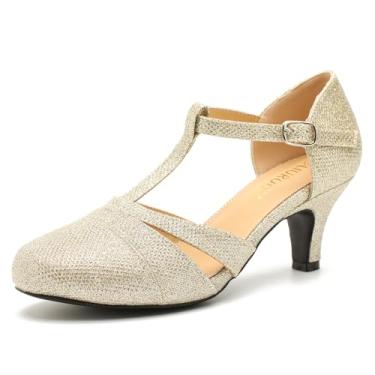 Imagem de LIURUIJIA Sapato feminino Mary Jane com tira em T – Salto baixo vintage para dança, festa retrô ou cosplay, Dourado, 38