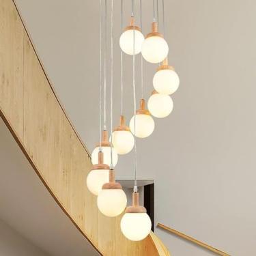 Imagem de Lustre de teto moderno de meados do século para hall de entrada, escada, lustre redondo longo para entrada, rústico, vintage, grande, madeira, vidro leitoso, luz pendente para sala de estar,