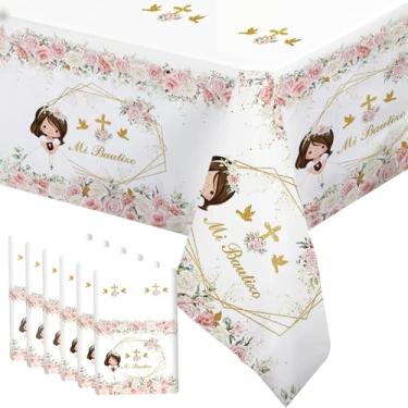 Imagem de MEHOFOND Pacote com 6 toalhas de mesa Mi Bautizo, 277 x 137 cm, flores rosas, primeira comunhão, decorações de festa Girl Mi Primera Comunión, decoração de capa para festa God Bless
