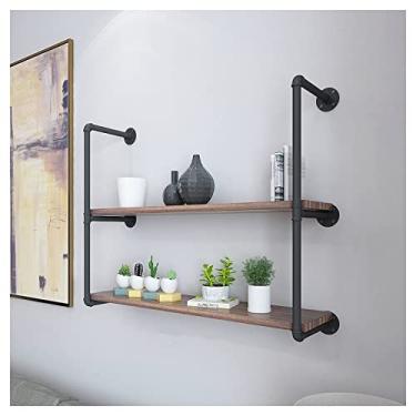Imagem de Prateleiras de tubos industriais rústicas – 2 camadas, design retrô de montagem na parede para prateleira flutuante DIY, prateleira de armazenamento de escada de madeira moderna