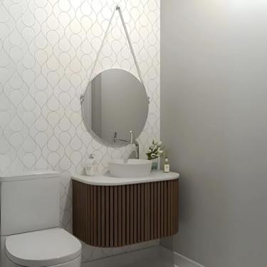 Imagem de Gabinete de Banheiro Mdf Ripado C/Cuba e Espelho Redondo (Jequitiba/Branco)