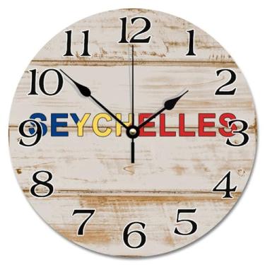 Imagem de TLTDSMY Relógio de parede com bandeira nacional das Seychelles, relógio de parede de madeira, operado por bateria, relógio analógico de 25 cm, arte de pendurar na parede, rústico, decoração de casa