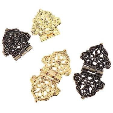 Imagem de Dobradiças de metal vintage para porta de armário dobradiças ocas de liga com design de gravação para caixas de madeira (5 peças douradas)