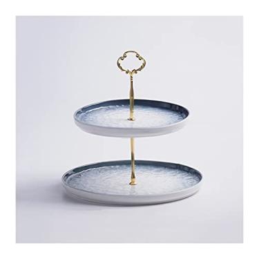 Imagem de Suporte de bolo de 2 camadas, mesa de sobremesa de cerâmica com alça de metal, suporte multiuso para exibição de cupcake, bandeja de chá da tarde, pastelaria, suporte de cupcake (azul grande) (verde P