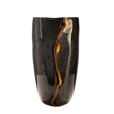 Imagem de Conjunto de vasos de vidro soprado à mão com listras âmbar - vasos de flores pretas exclusivos para centros de mesa, decoração de casa e mesa de sala de estar (C)