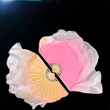 Imagem de Ventilador dobrável leque dobrável par de véu de leque de seda real (1L+1R) mulheres dança do ventre bambu véus curtos dupla face duas camadas peso leve rosa amarelo gradiente (cor: 36-35, tamanho: 2