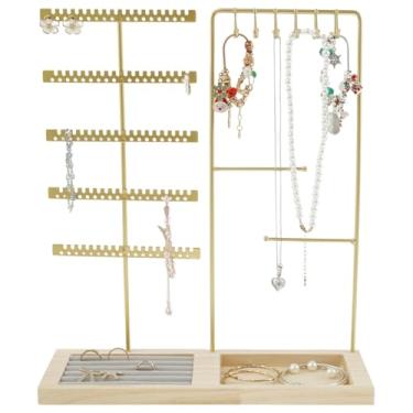 Imagem de Colar organizador de joias suporte de brinco com bandeja de anel de madeira removível moldura de metal para brincos, brincos, colar, pulseiras, ideia de presente (ouro)